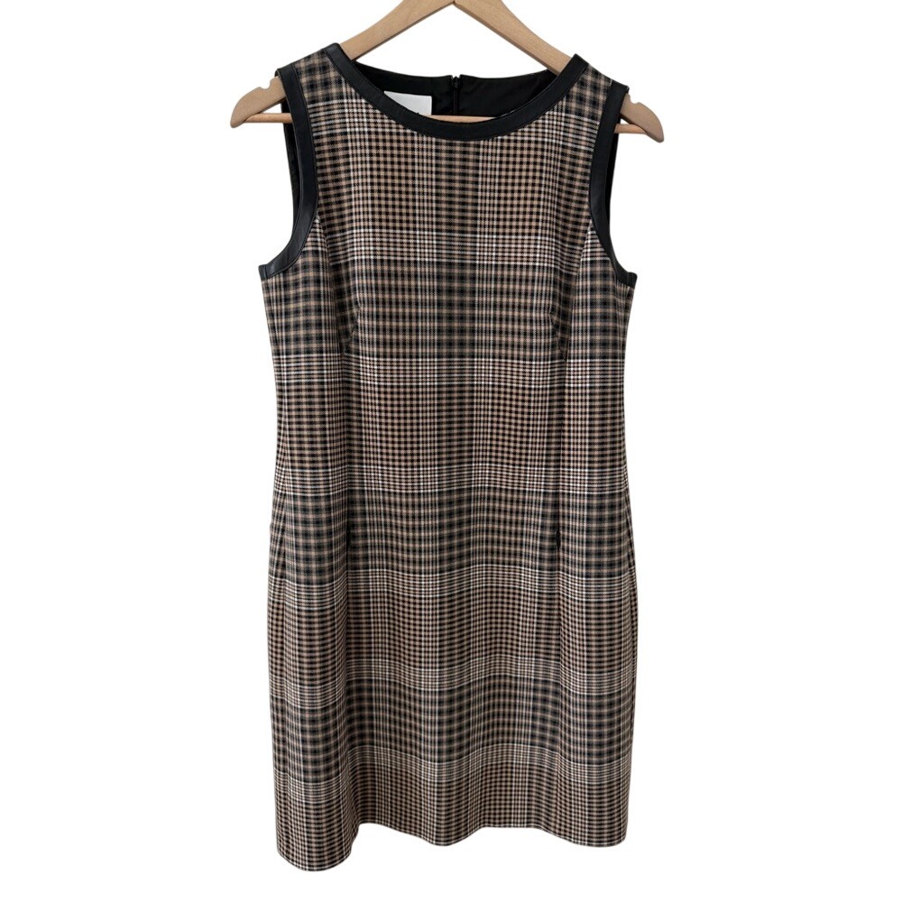 Akris Punto Sheath Dress 8 Tan Black Glen Plaid‎ Faux Leather Trim Pockets